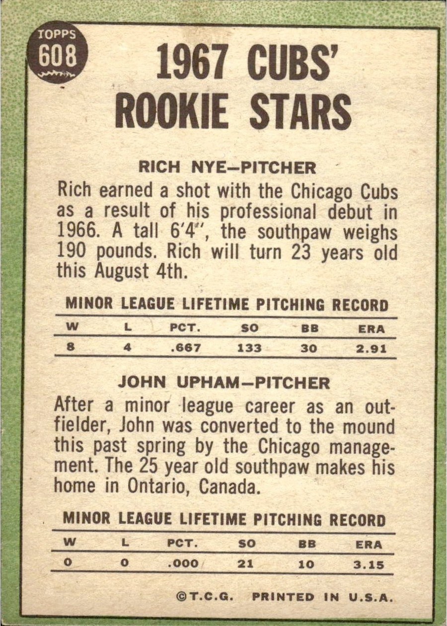 1967 Topps #608 Cubs 1967 Rookie Stars card back