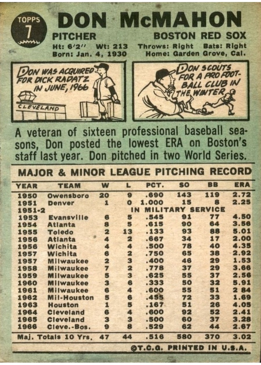 1967 Topps #7 Don McMahon card back