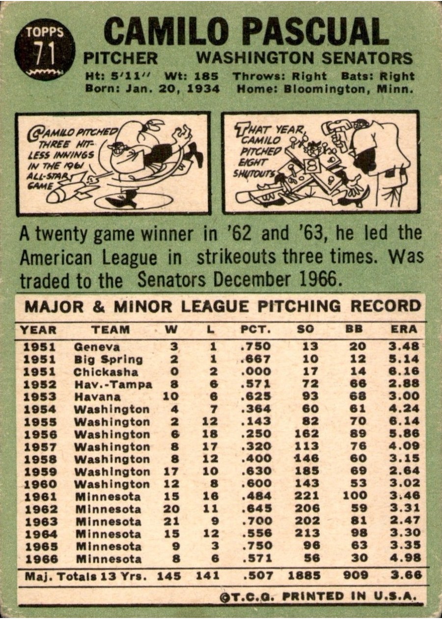 1967 Topps #71 Camilo Pascual card back