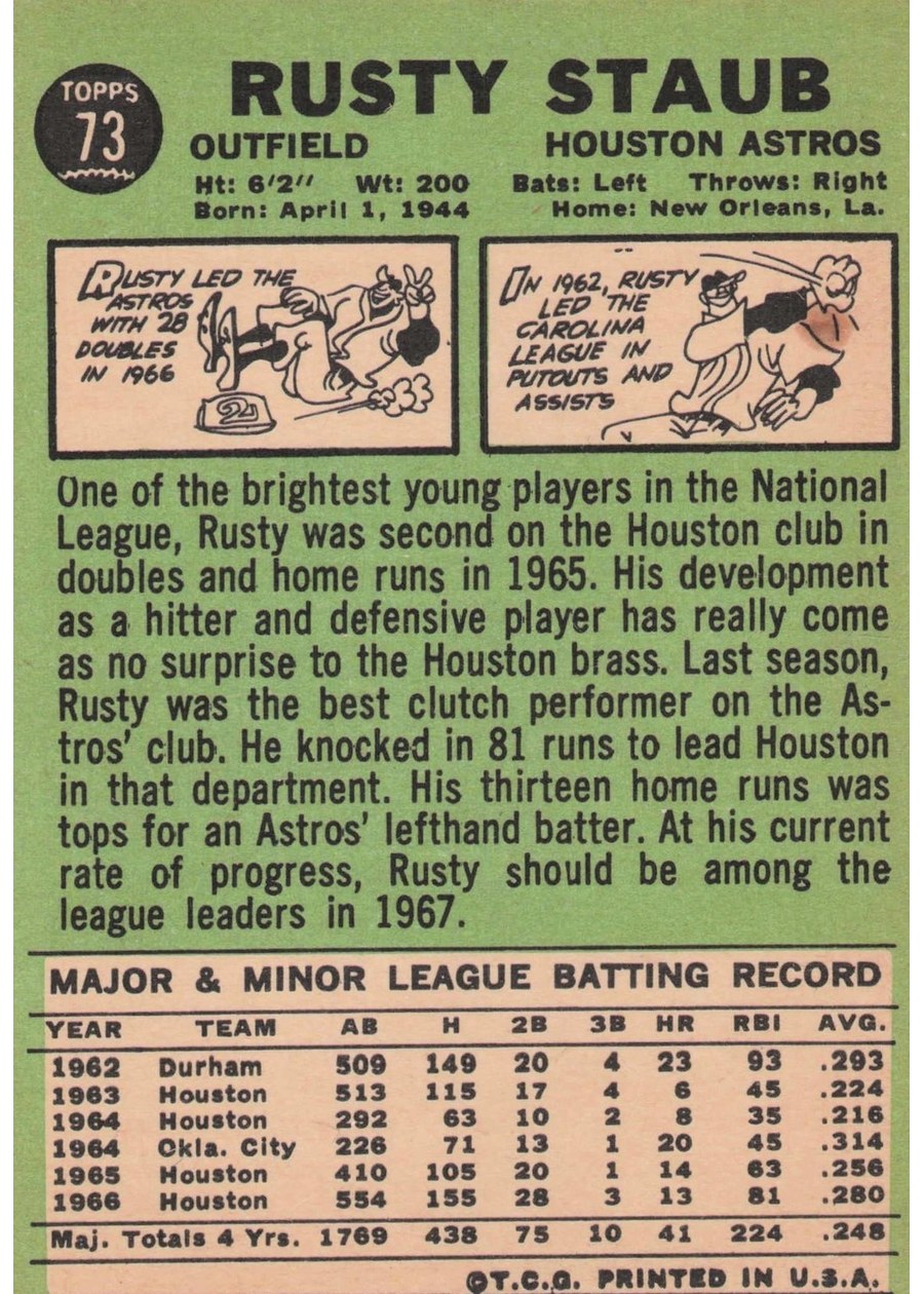 1967 Topps #73 Rusty Staub card back