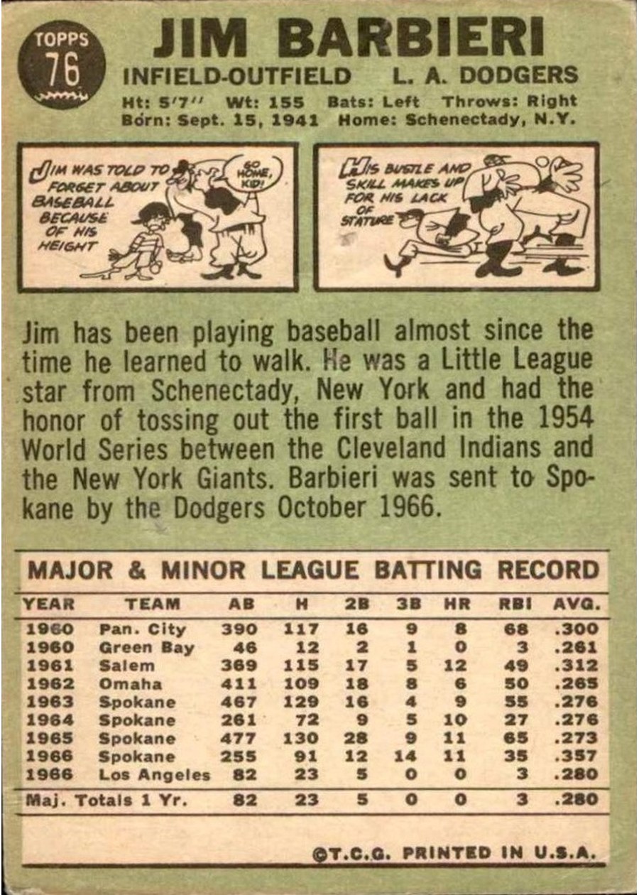 1967 Topps #76 Jim Barbieri card back