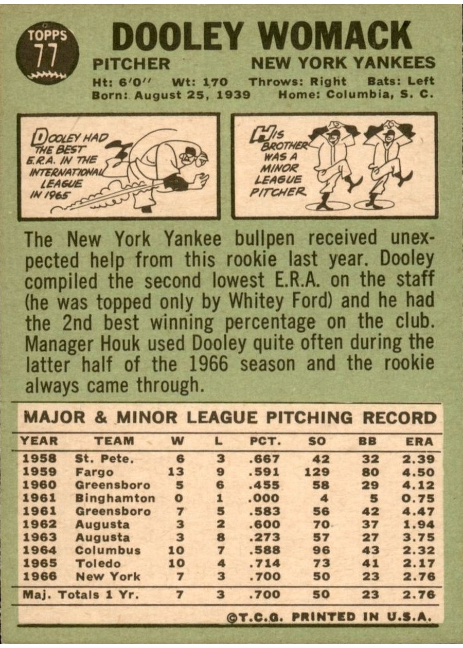 1967 Topps #77 Dooley Womack card back