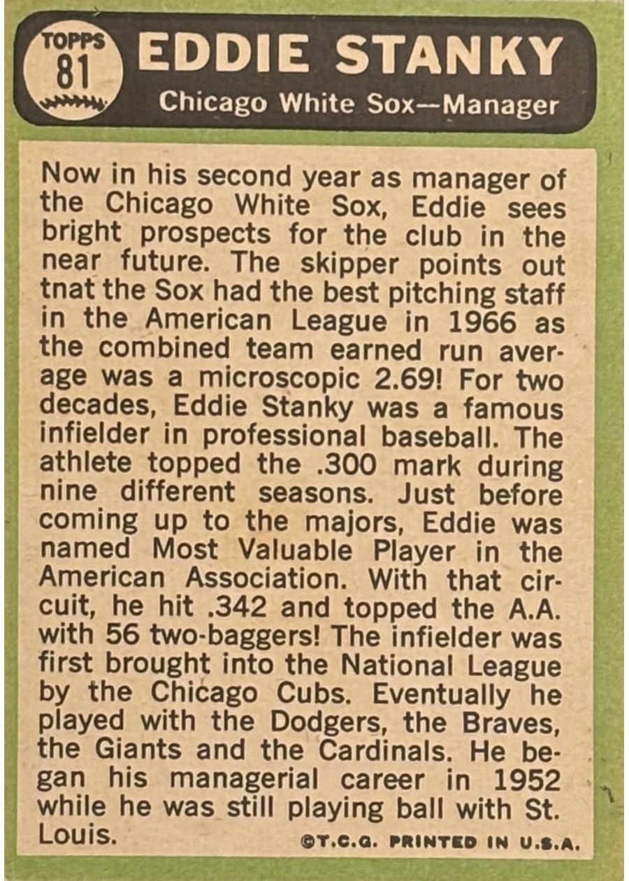1967 Topps #81 Eddie Stanky card back