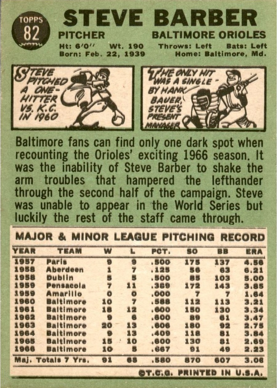 1967 Topps #82 Steve Barber card back