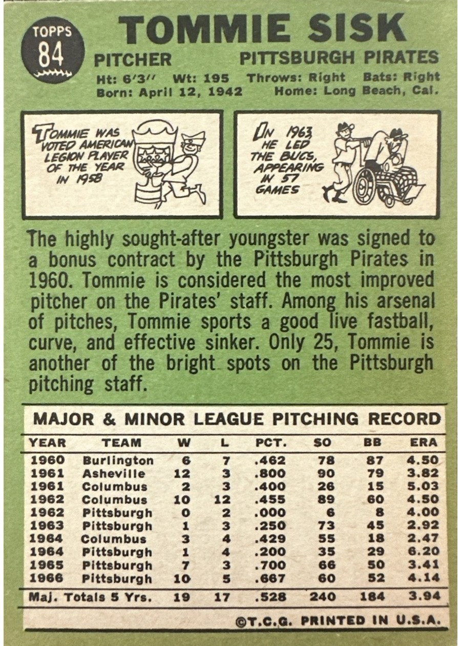 1967 Topps #84 Tommie Sisk card back