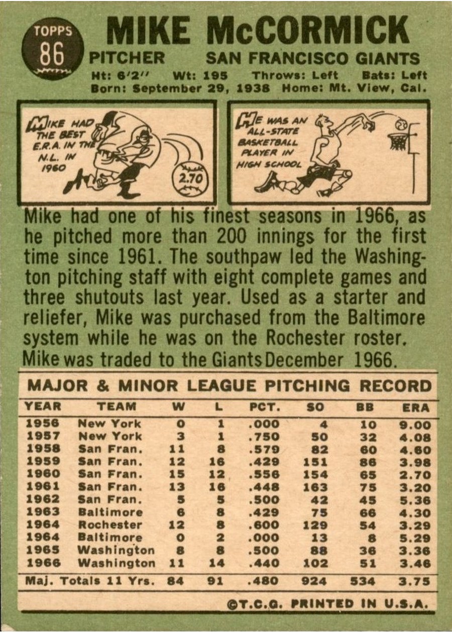1967 Topps #86 Mike McCormick card back