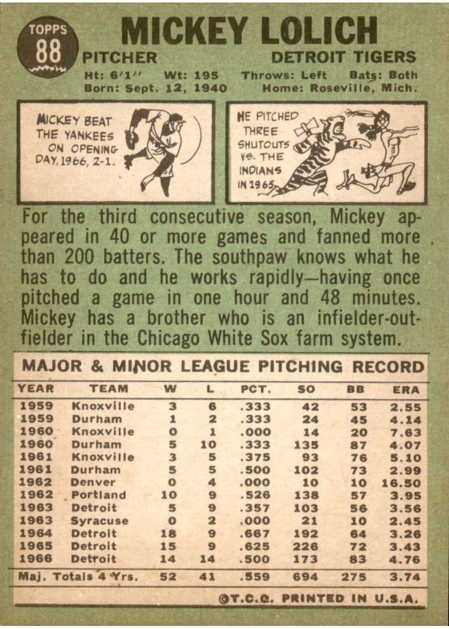 1967 Topps #88 Mickey Lolich card back