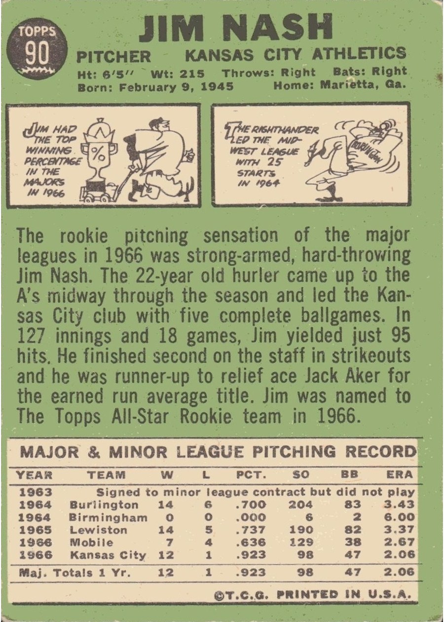1967 Topps #90 Jim Nash card back