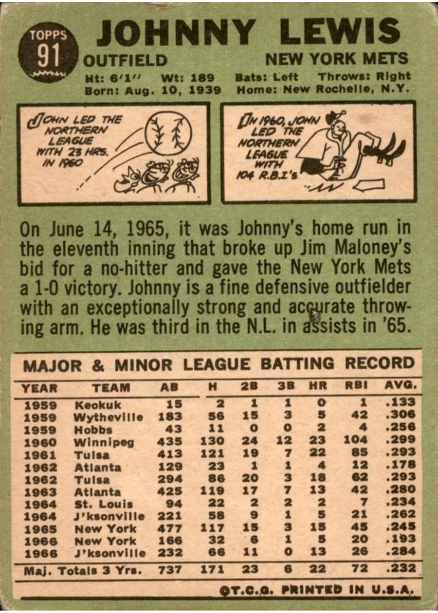 1967 Topps #91 Johnny Lewis card back