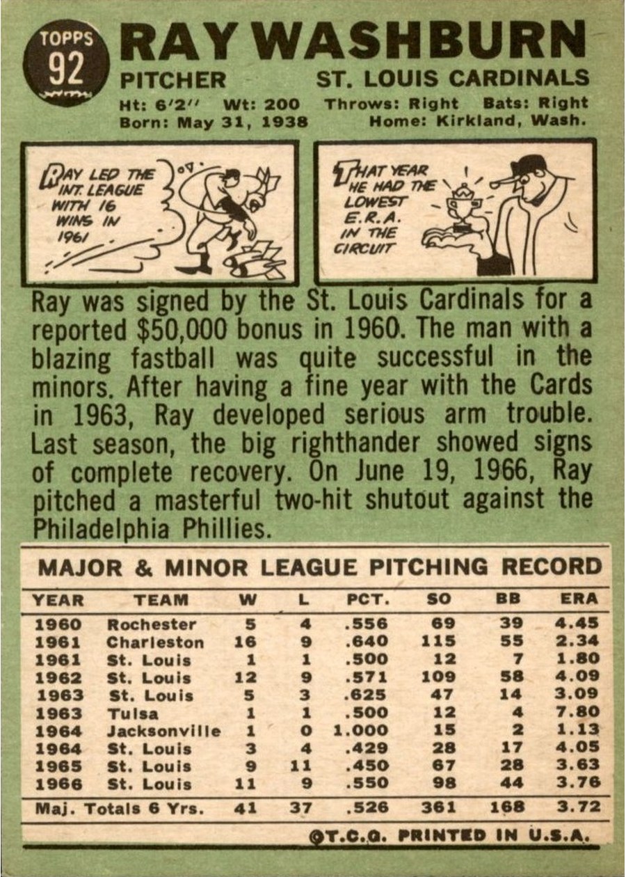 1967 Topps #92 Ray Washburn card back