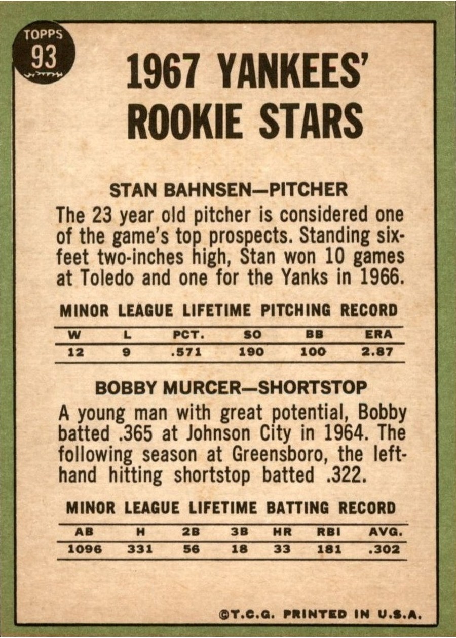 1967 Topps #93 Yankees 1967 Rookie Stars card back