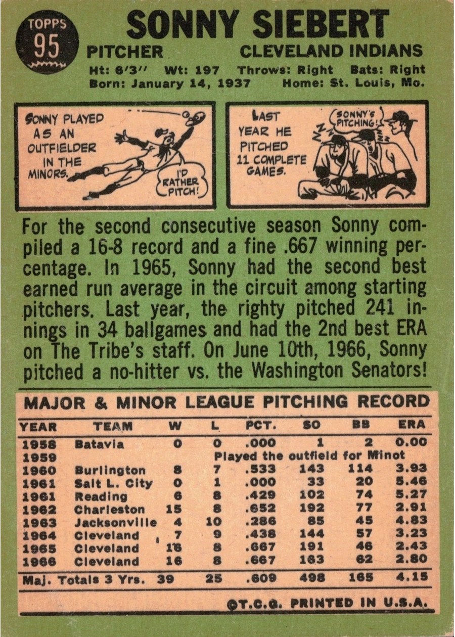 1967 Topps #95 Sonny Siebert card back
