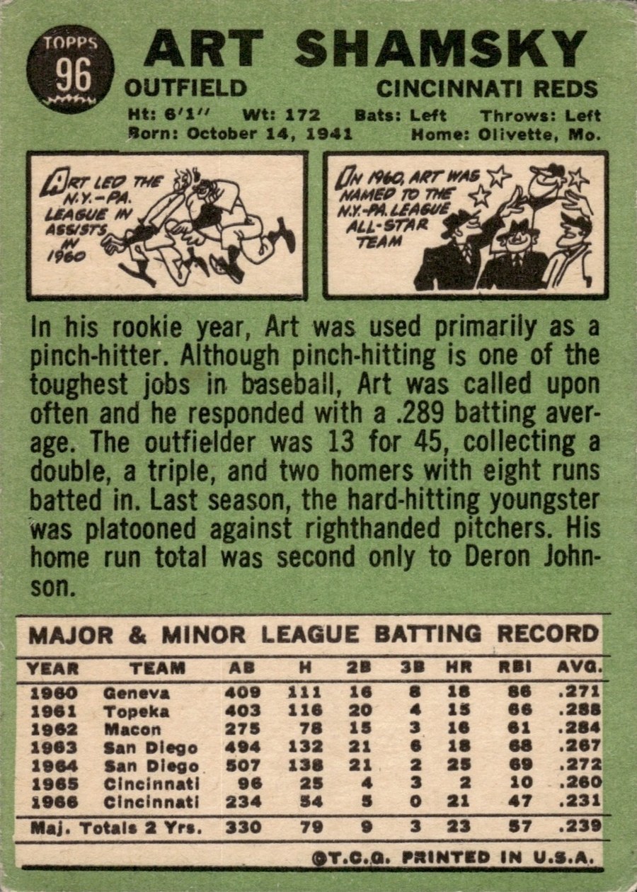 1967 Topps #96 Art Shamsky card back
