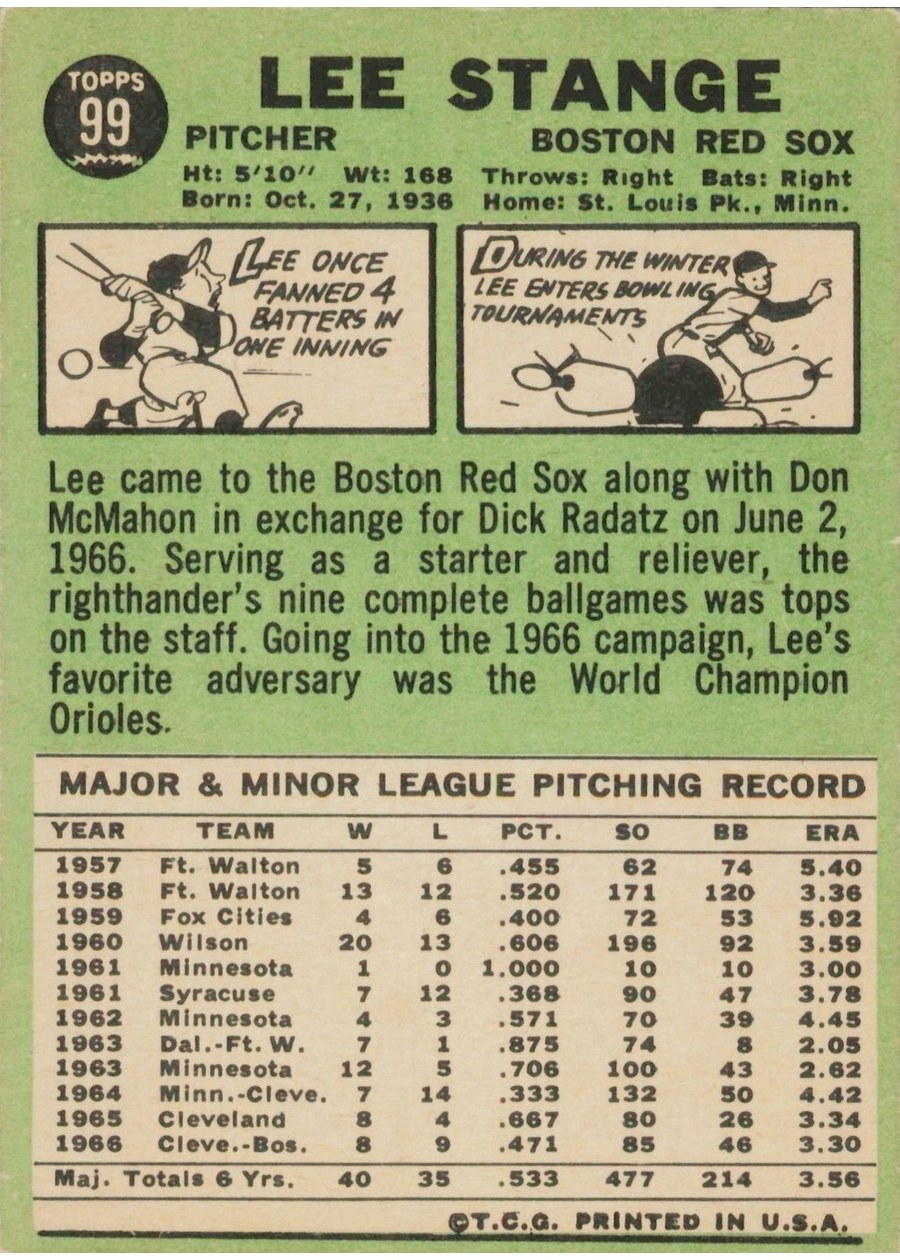 1967 Topps #99 Lee Stange card back
