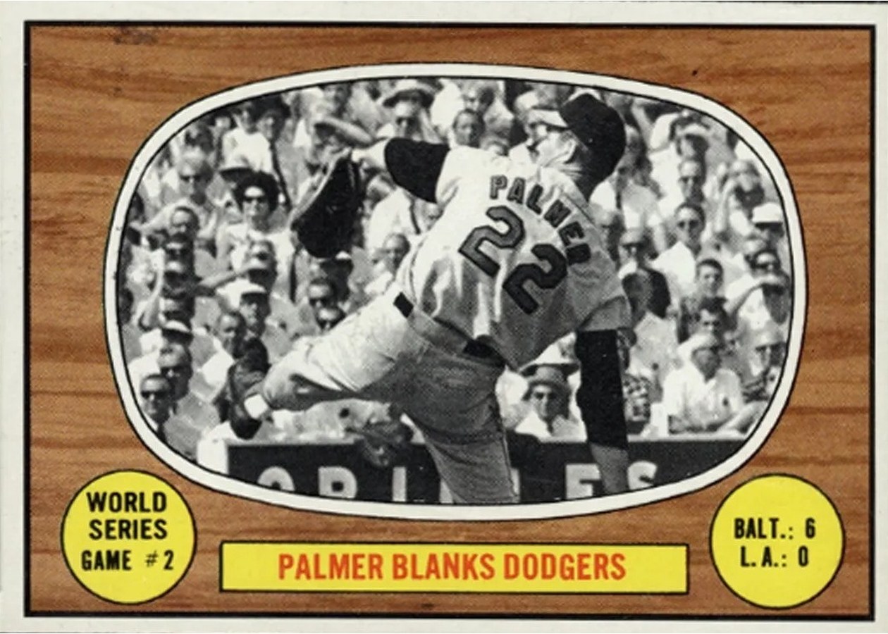 1967 Topps #152 World Series Game #2 - Palmer Blanks Dodgers, Baltimore Orioles