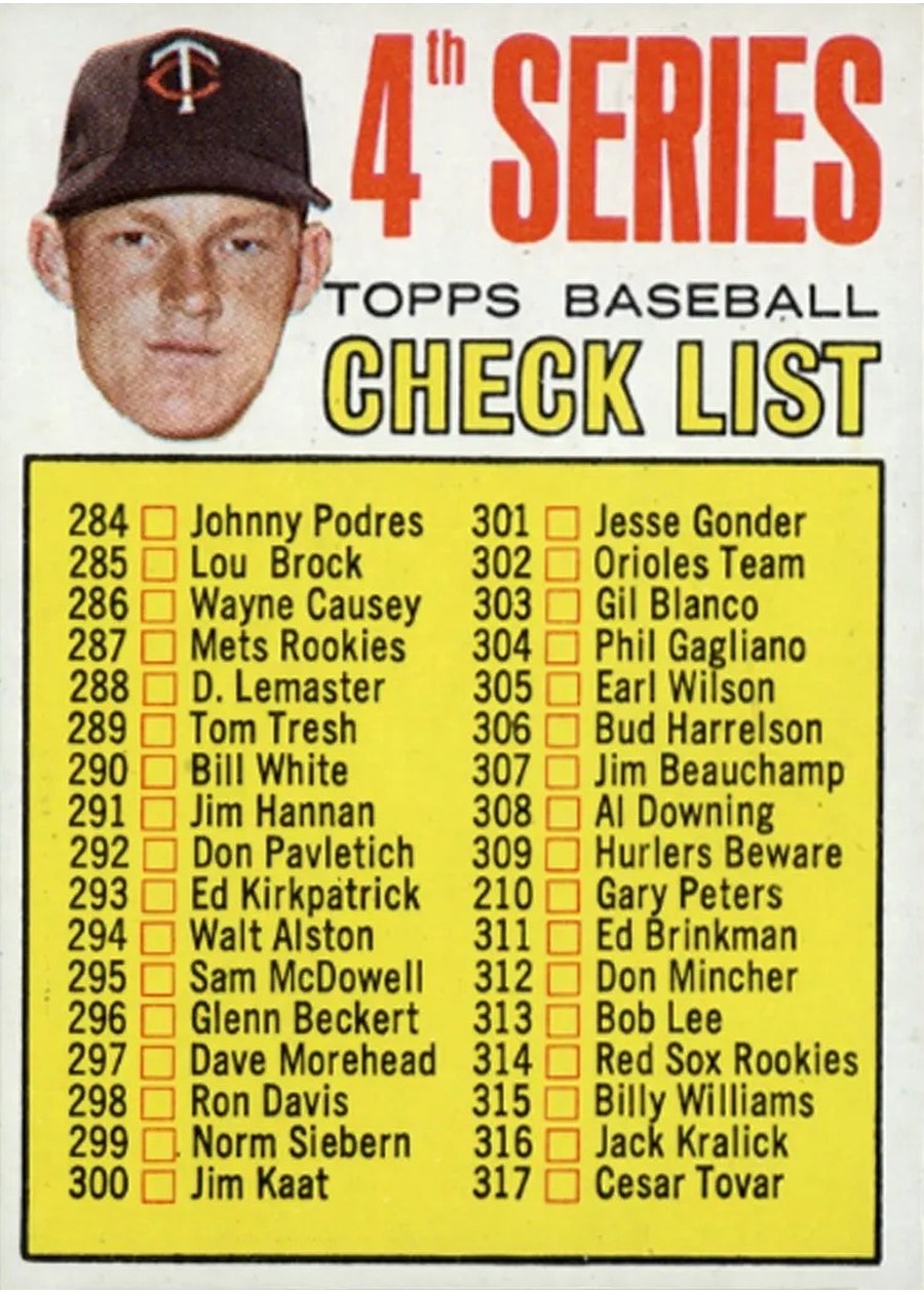 1967 Topps #278 4th Series Checklist: 284-370