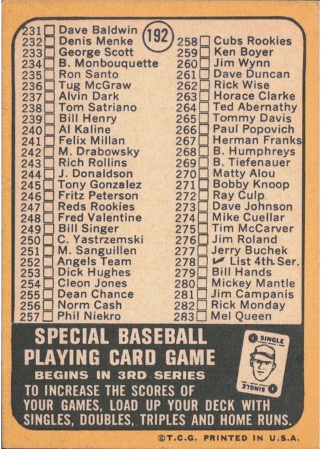 1968 Topps #192 3rd Series Checklist 197-283 - 192a - Special Bb Playing Card Game (back)