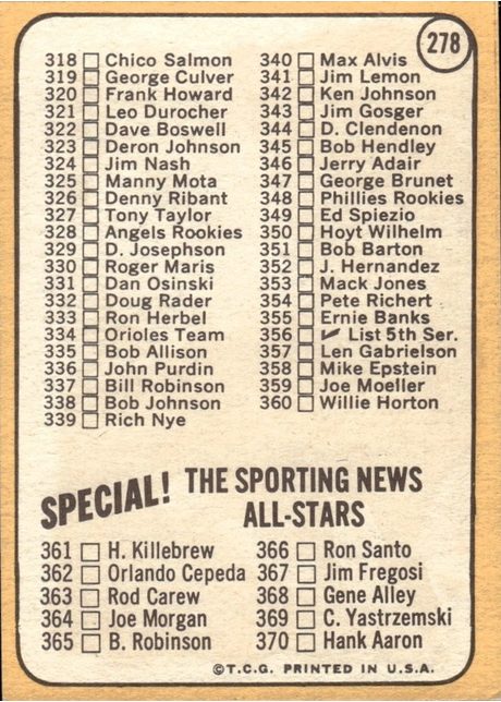 1968 Topps #278 4th Series Checklist 284-370 - 278a - Copyright At Right (back)