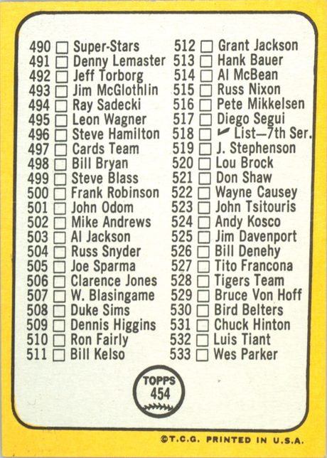 1968 Topps #454 6th Series Checklist 458-533 - 454b - No Neck Chain (back)