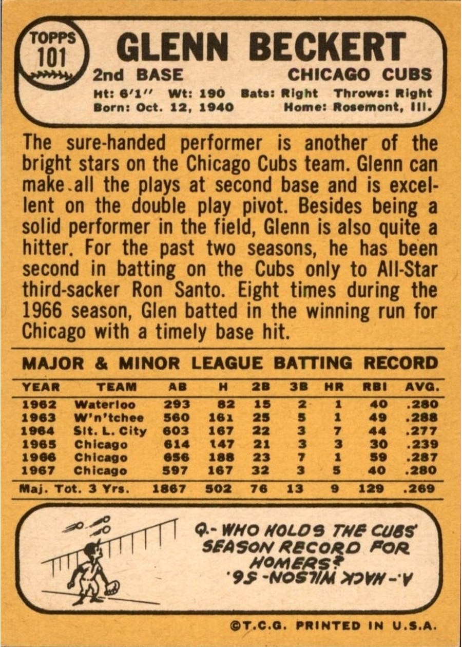 1968 Topps #101 Glenn Beckert card back