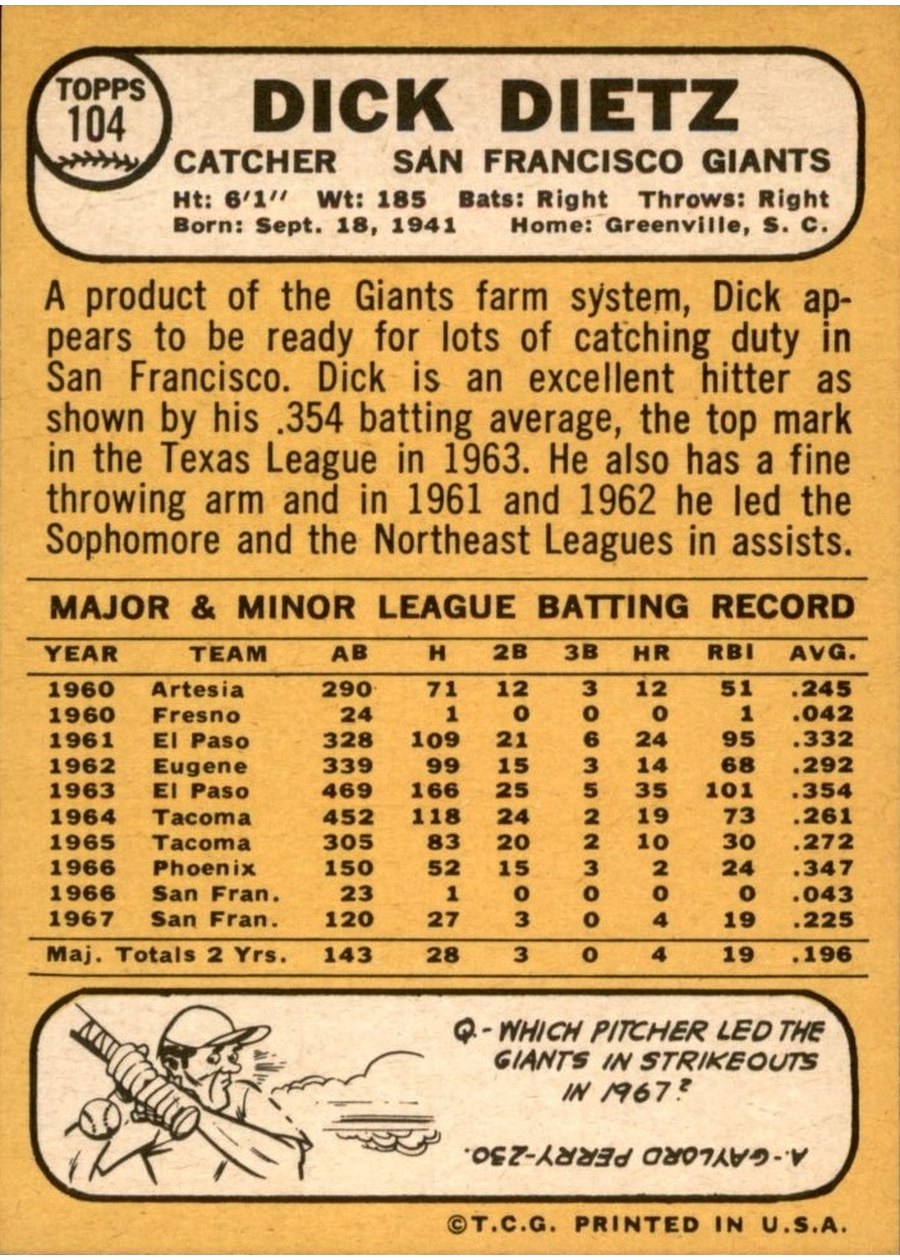 1968 Topps #104 Dick Dietz card back