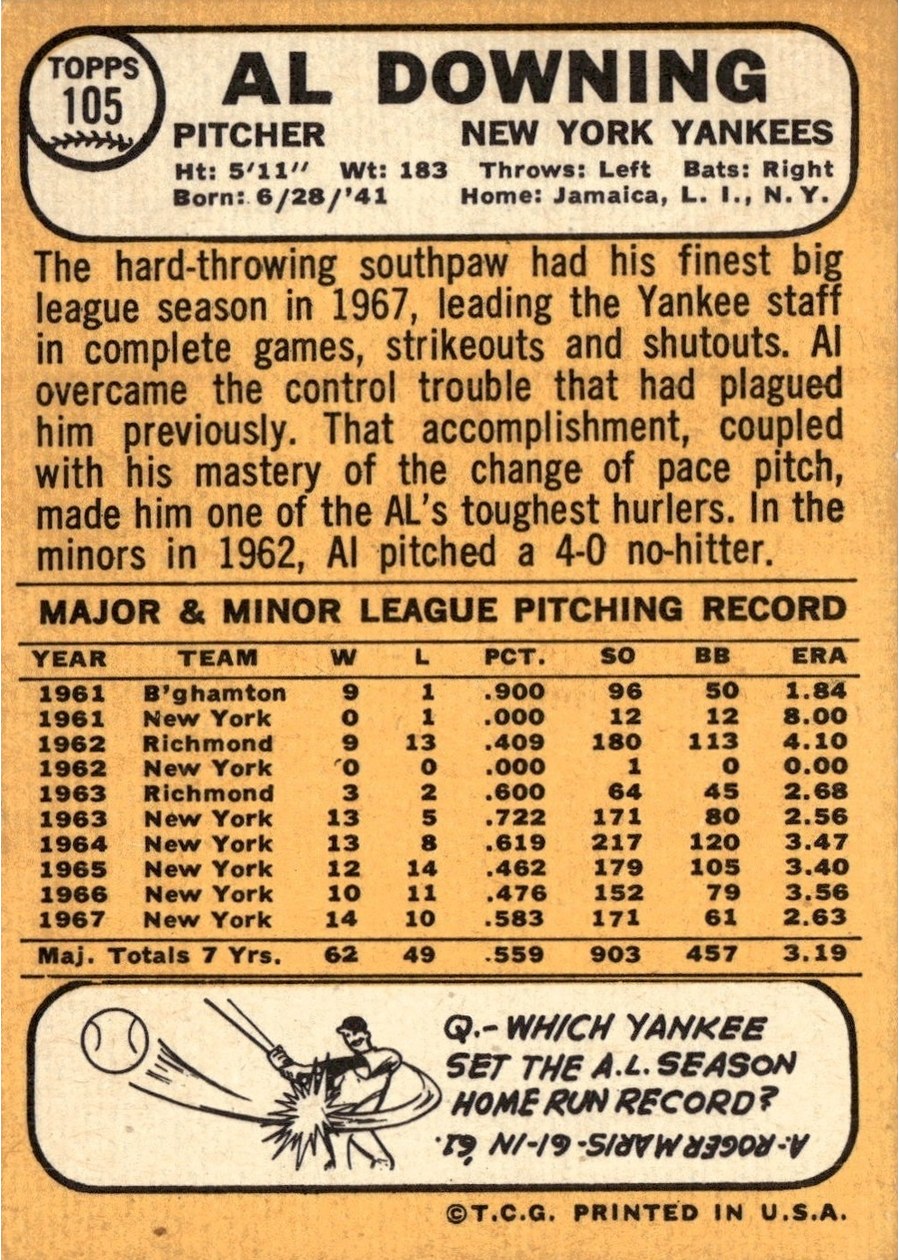 1968 Topps #105 Al Downing card back