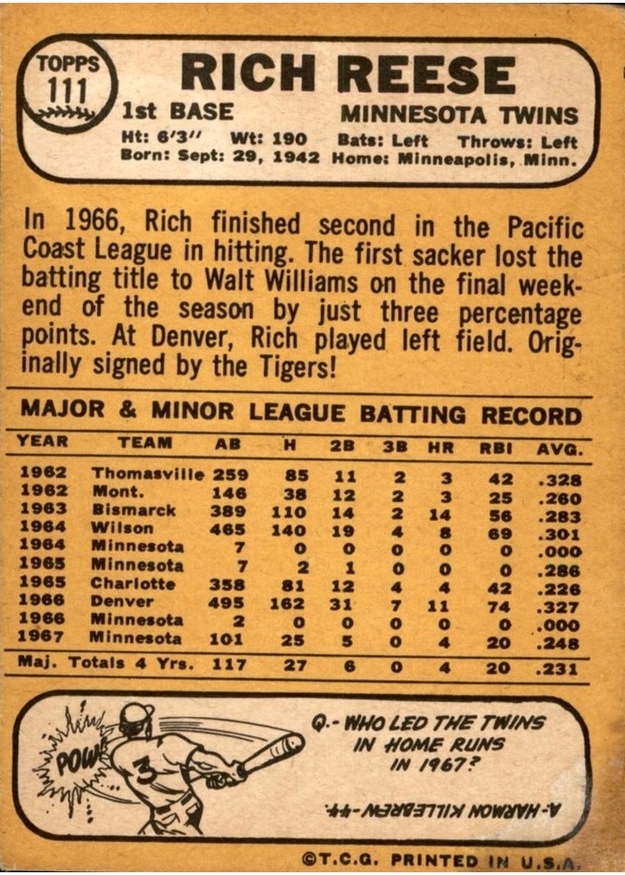 1968 Topps #111 Rich Reese card back
