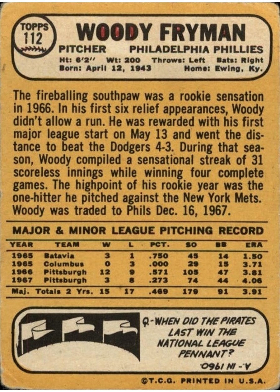 1968 Topps #112 Woody Fryman card back