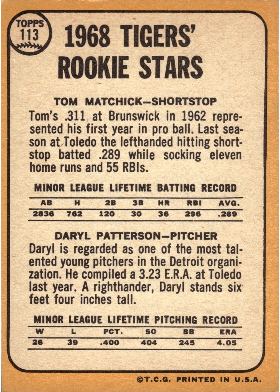 1968 Topps #113 Tigers 1968 Rookie Stars card back