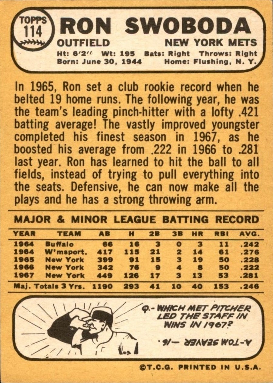 1968 Topps #114 Ron Swoboda card back