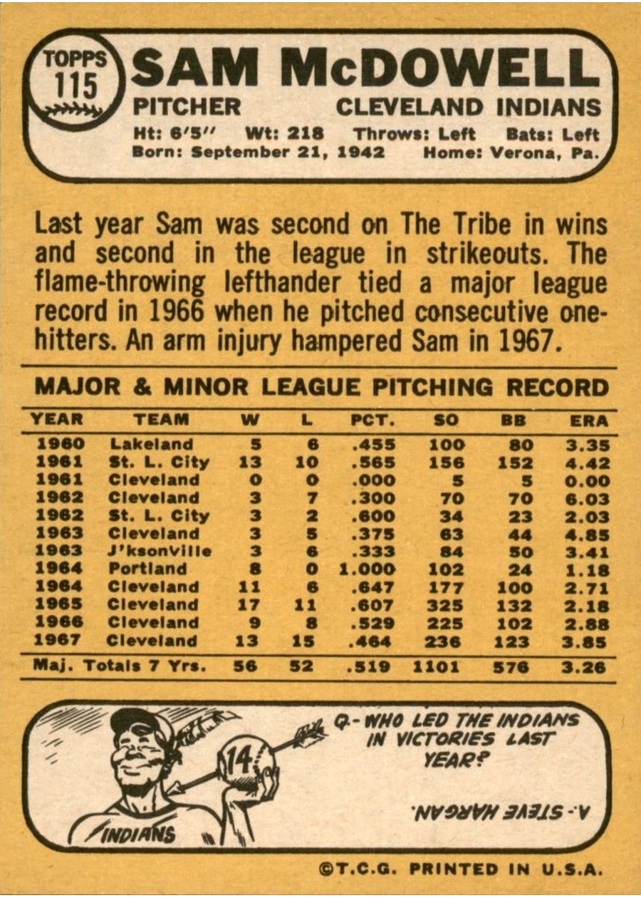 1968 Topps #115 Sam McDowell card back