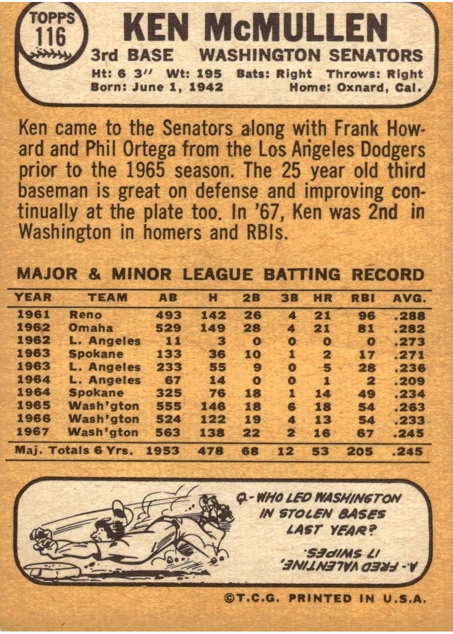 1968 Topps #116 Ken McMullen card back