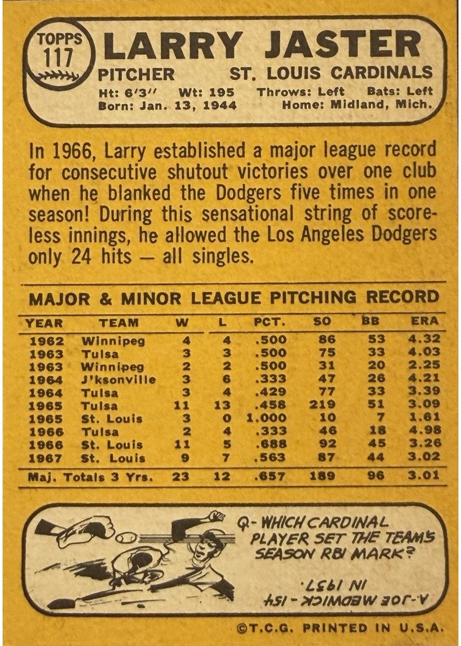 1968 Topps #117 Larry Jaster card back