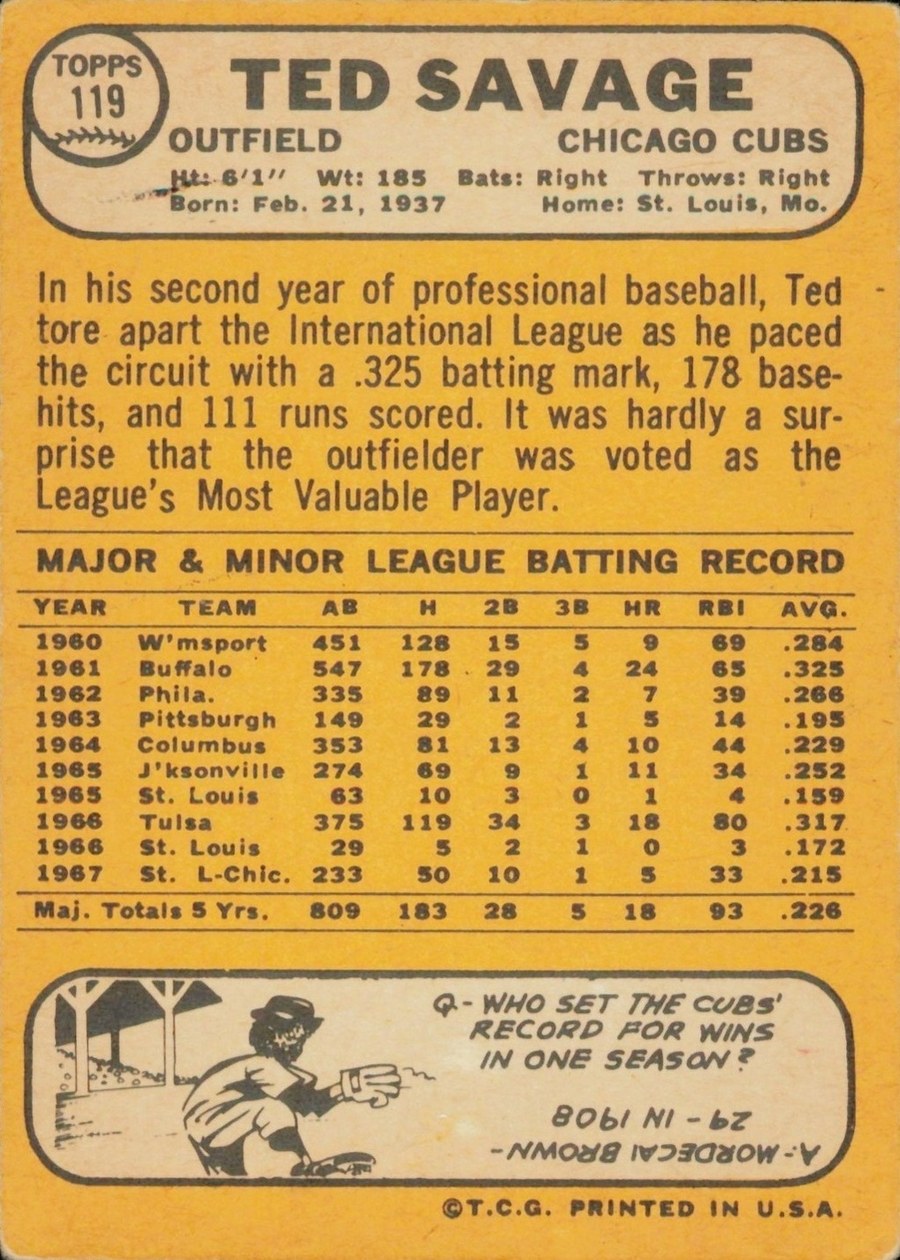 1968 Topps #119 Ted Savage card back