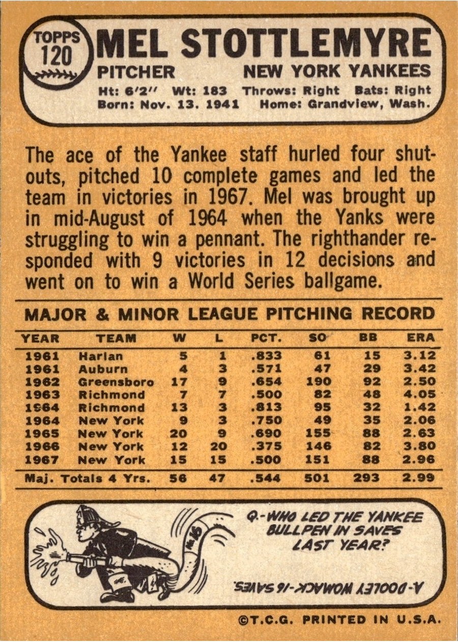 1968 Topps #120 Mel Stottlemyre card back