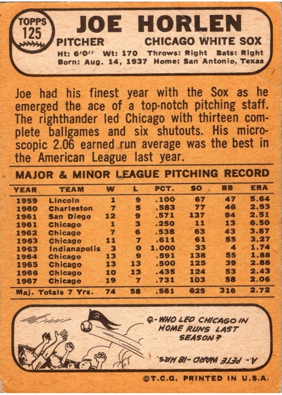 1968 Topps #125 Joe Horlen card back