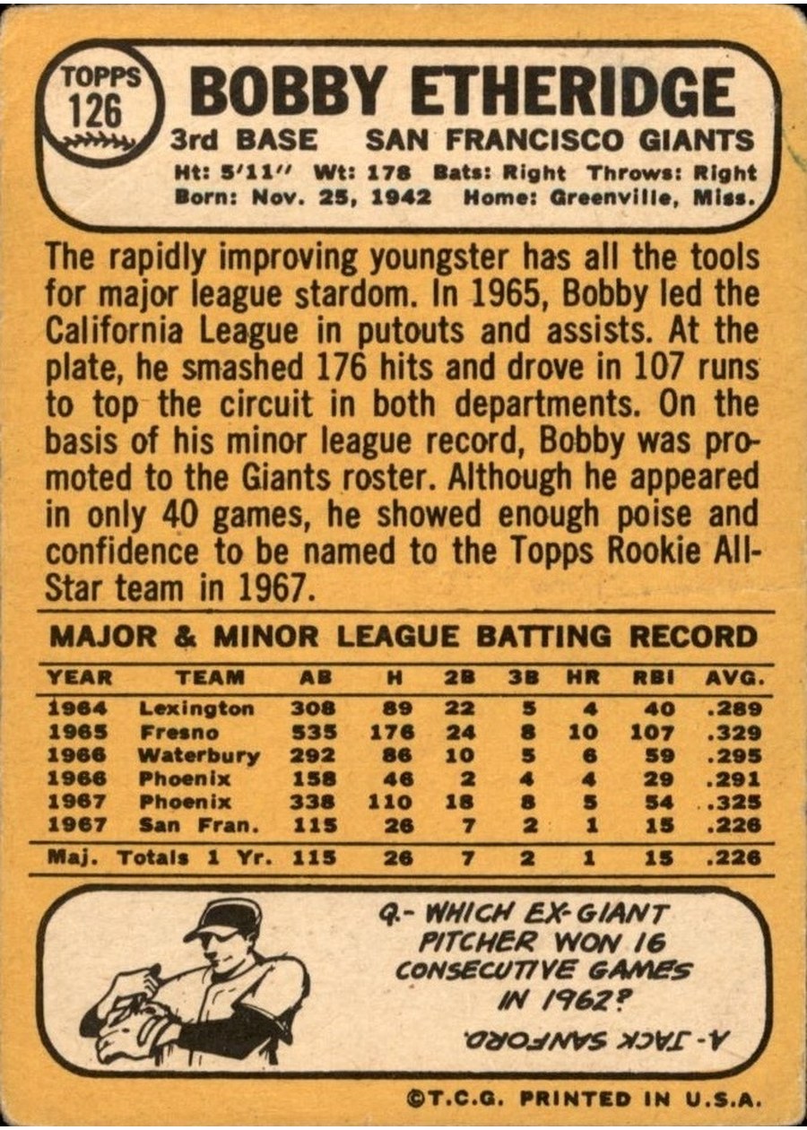 1968 Topps #126 Bobby Etheridge card back