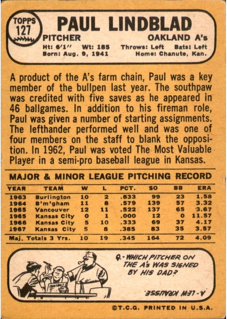 1968 Topps #127 Paul Lindblad card back