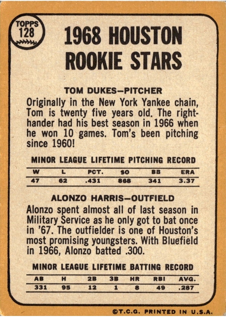 1968 Topps #128 Houston 1968 Rookie Stars card back