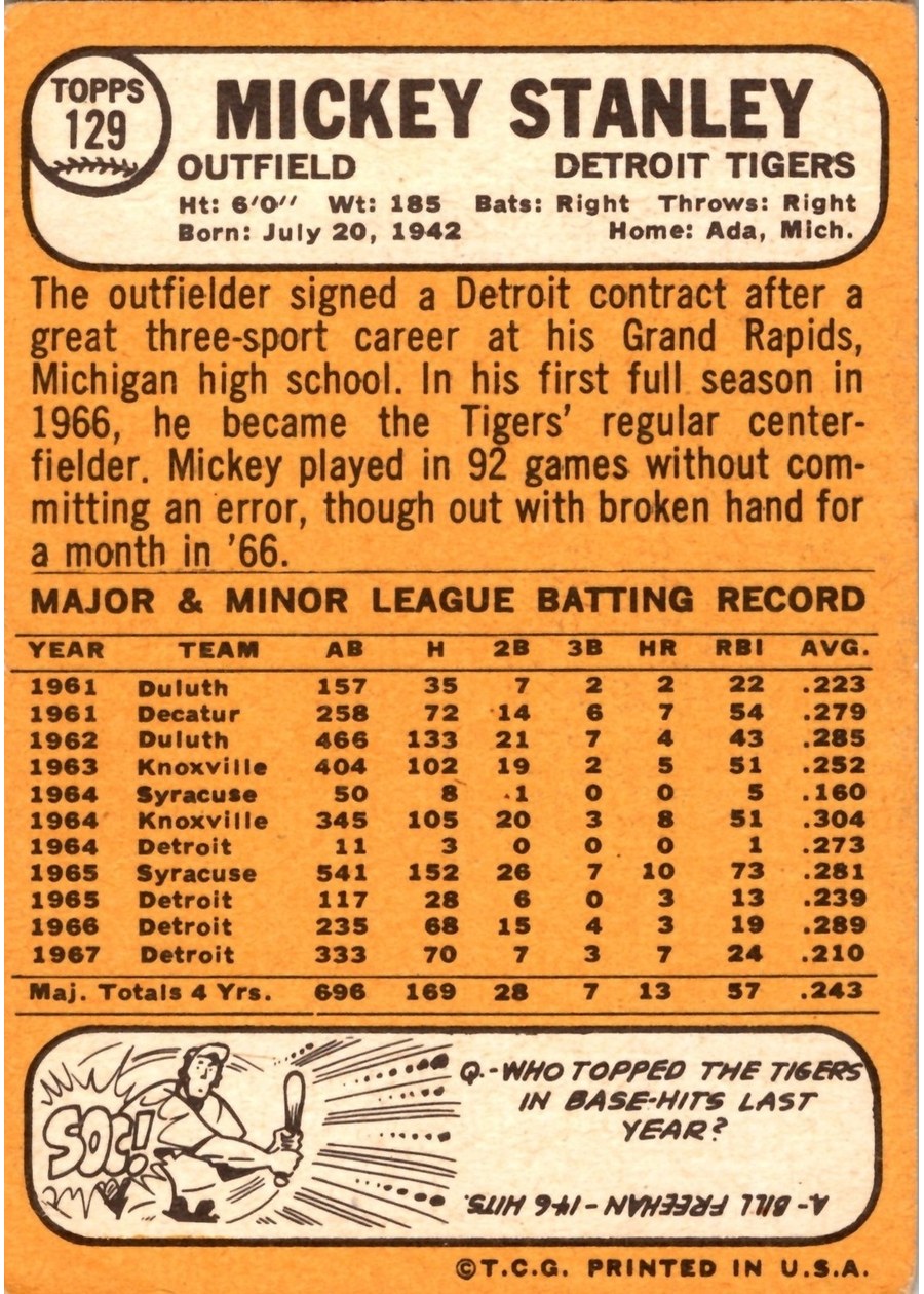 1968 Topps #129 Mickey Stanley card back