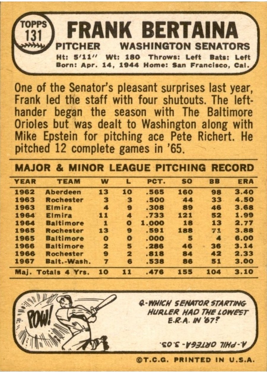 1968 Topps #131 Frank Bertaina card back