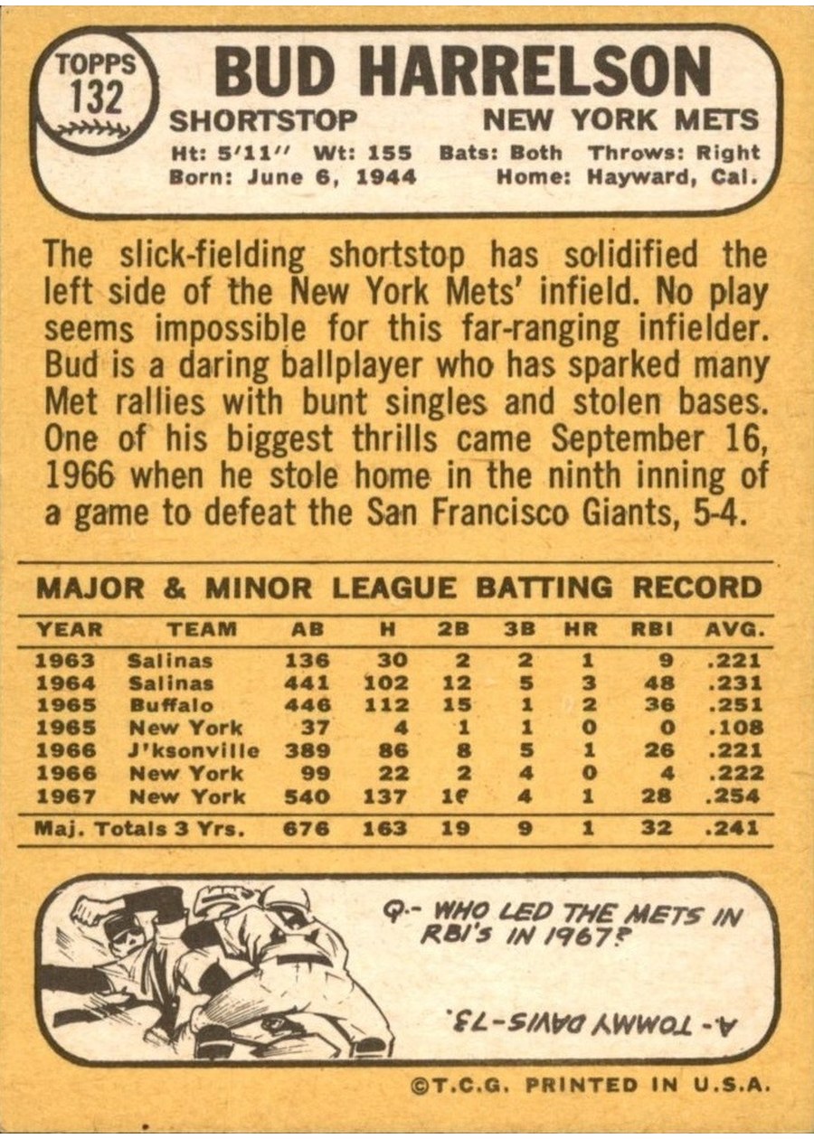 1968 Topps #132 Bud Harrelson card back