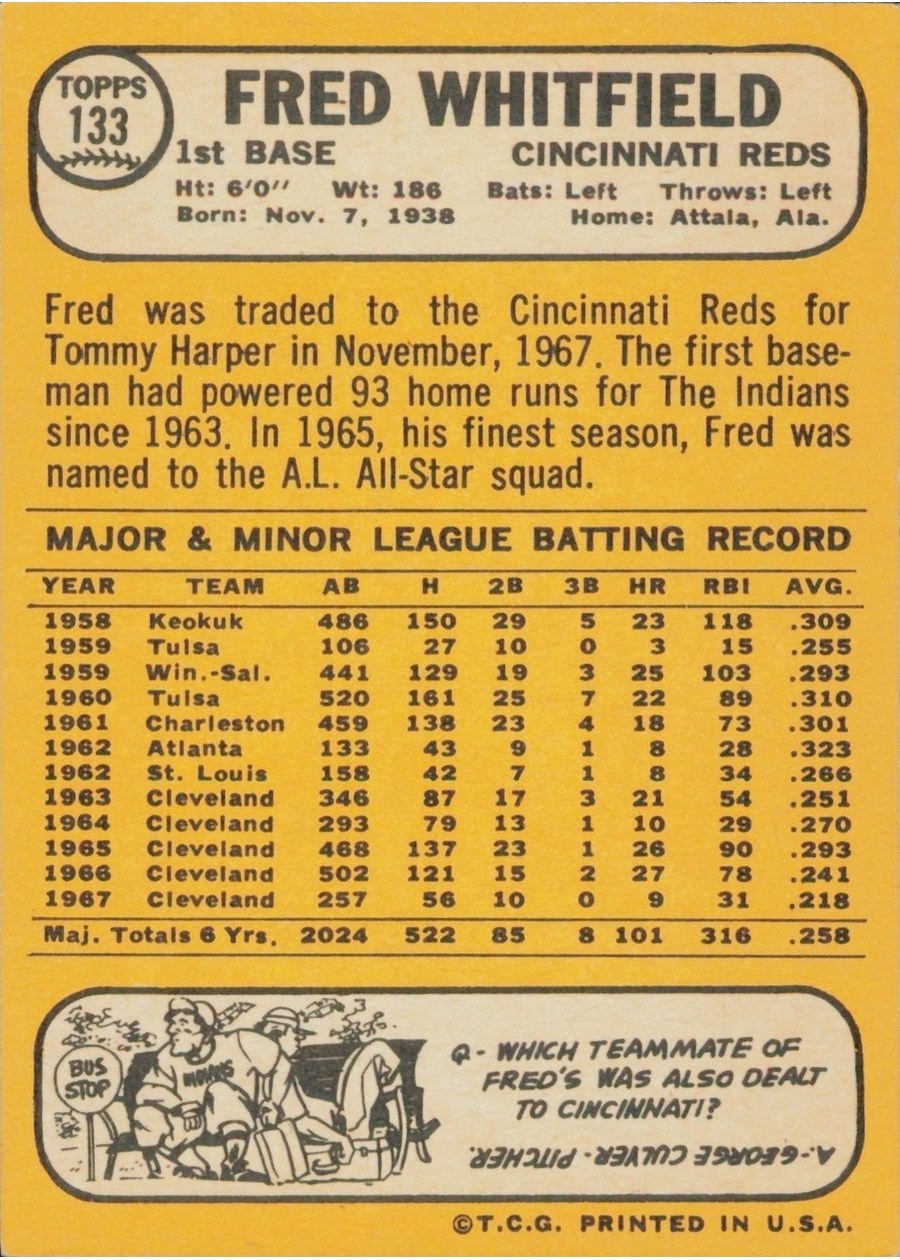 1968 Topps #133 Fred Whitfield card back