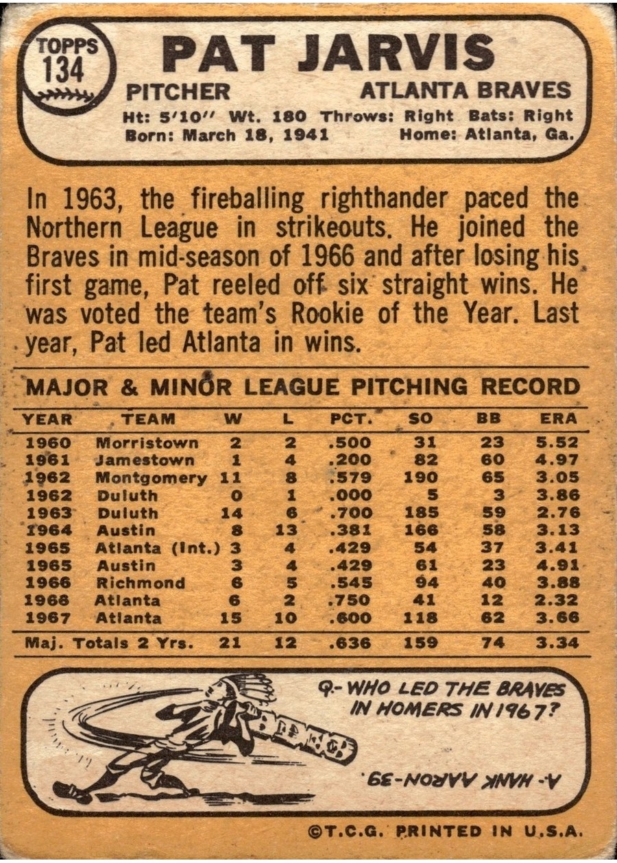 1968 Topps #134 Pat Jarvis card back