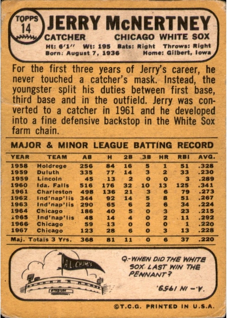 1968 Topps #14 Jerry McNertney card back