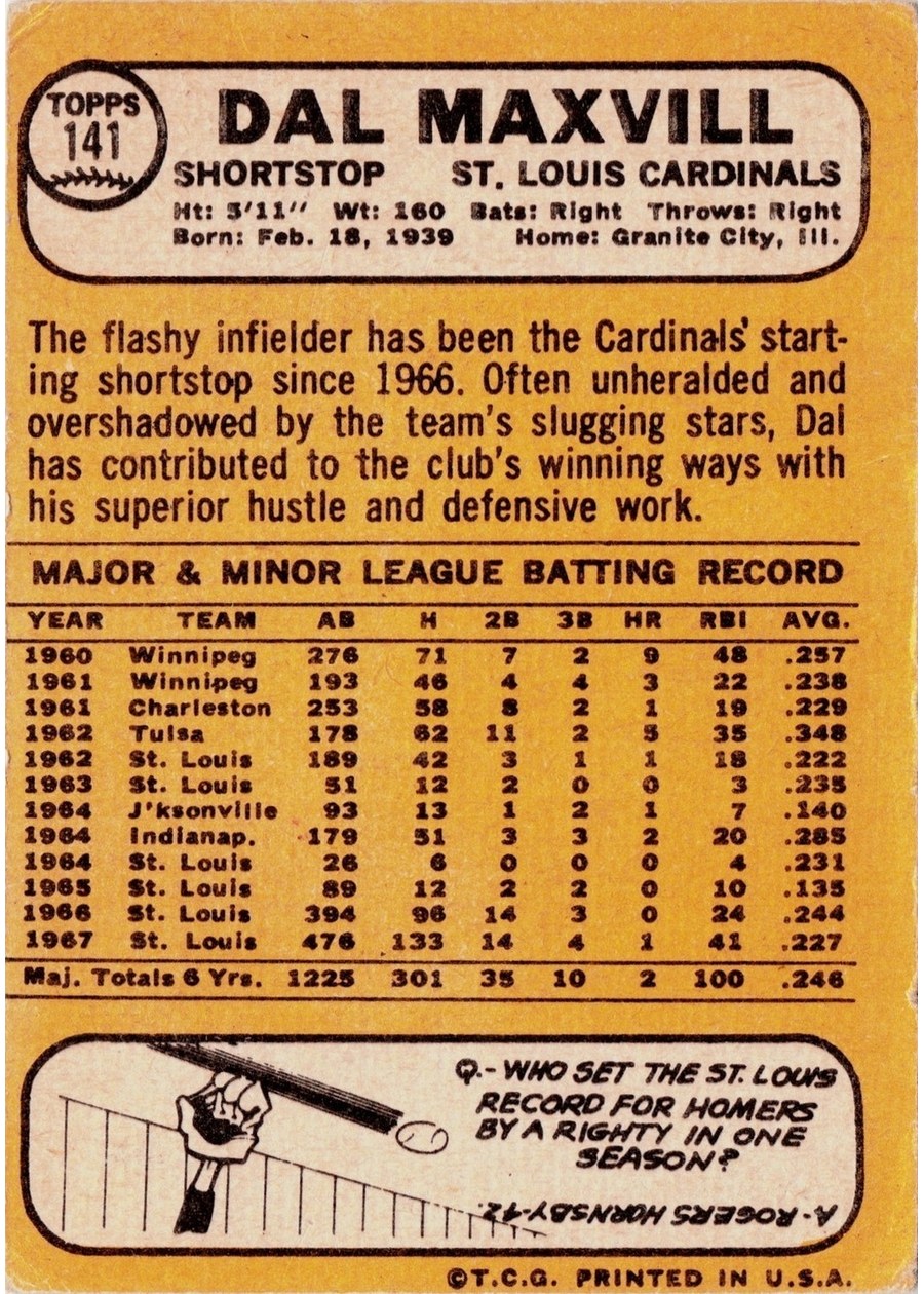 1968 Topps #141 Dal Maxvill card back
