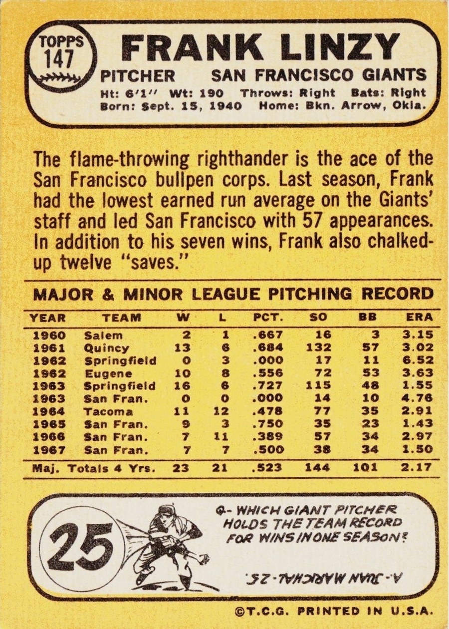 1968 Topps #147 Frank Linzy card back