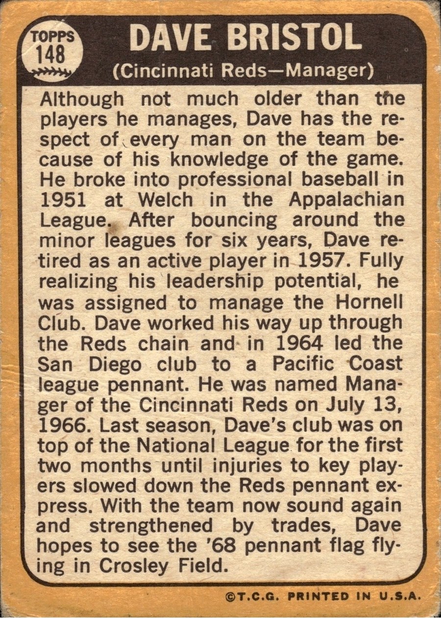 1968 Topps #148 Dave Bristol card back