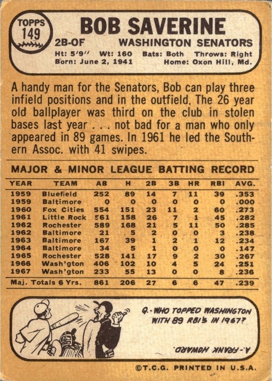 1968 Topps #149 Bob Saverine card back