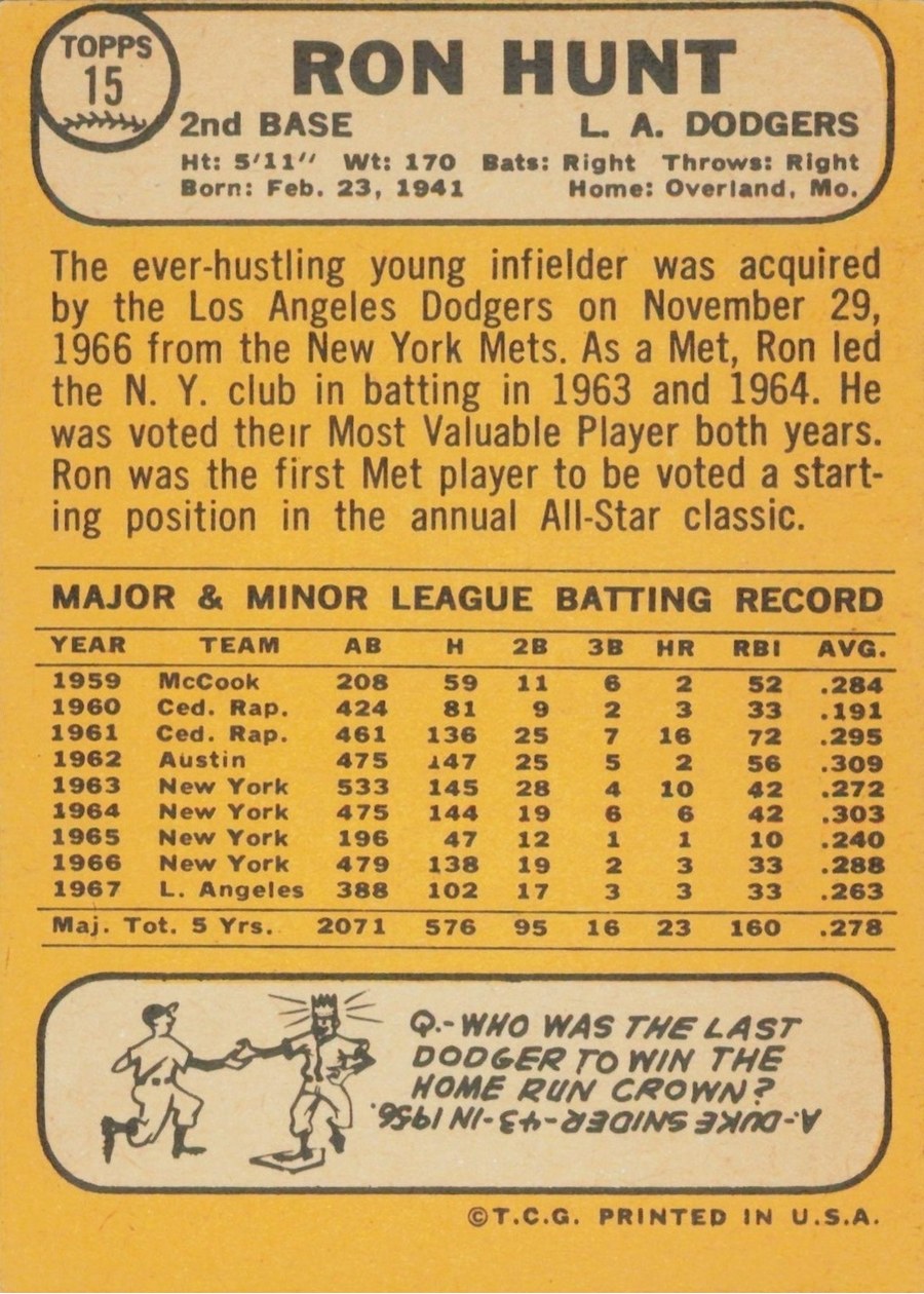 1968 Topps #15 Ron Hunt card back